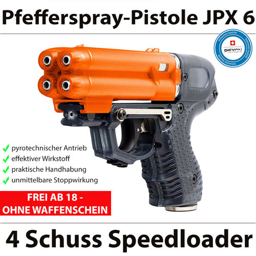 Pfefferspray-Pistole PIEXON JPX6 mit 4 Schuss Speedloader