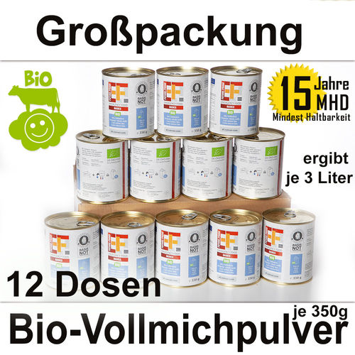 Großpackung 12 Dosen EF BASIC Bio Vollmilchpulver (350g ergibt 3 Liter) - MHD 15 Jahre
