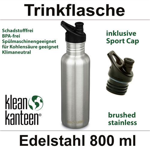 Trinkflasche Edelstahl 800ml Kanteen® Classic brushed stainless mit Sport Cap